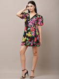 Begumpan Floral Printed Semi-Fitted Mini Dress - Black Multi