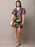 Begumpan Floral Printed Semi-Fitted Mini Dress - Black Multi