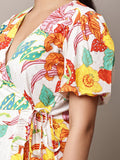 Begumpan Floral Printed Semi-Fitted Mini Dress - White Multi