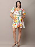Begumpan Floral Printed Semi-Fitted Mini Dress - White Multi