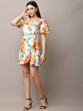 Begumpan Floral Printed Semi-Fitted Mini Dress - White Multi