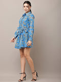 Begumpan Blue Floral Shirt Dress with Waist Tie-Up - Blue Multi