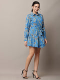 Begumpan Blue Floral Shirt Dress with Waist Tie-Up - Blue Multi
