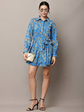 Begumpan Blue Floral Shirt Dress with Waist Tie-Up - Blue Multi