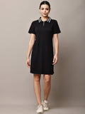 Begumpan Solid Polo T-Shirt Dress - Black