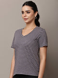 Begumpan Striped V-Neck T-Shirt - Grey