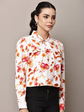 Begumpan Floral Printed Cropped Denim Jacket - White