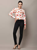 Begumpan Floral Printed Cropped Denim Jacket - White