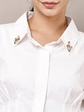 Begumpan Solid Pleated Shirt with Embellished Collar - White