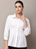 Begumpan Solid Pleated Shirt with Embellished Collar - White