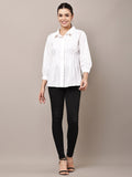 Begumpan Solid Pleated Shirt with Embellished Collar - White