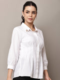 Begumpan Solid Pleated Shirt with Embellished Collar - White
