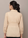 Begumpan Solid Pleated Shirt with Embellished Collar - Beige