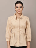 Begumpan Solid Pleated Shirt with Embellished Collar - Beige