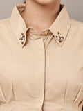 Begumpan Solid Pleated Shirt with Embellished Collar - Beige