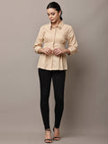 Begumpan Solid Pleated Shirt with Embellished Collar - Beige