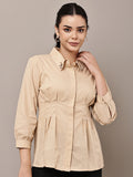 Begumpan Solid Pleated Shirt with Embellished Collar - Beige