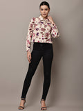 Begumpan Floral Printed Cropped Denim Jacket - Cream