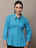 Begumpan Solid Pleated Shirt with Embellished Collar - Turquoise Blue