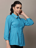 Begumpan Solid Pleated Shirt with Embellished Collar - Turquoise Blue