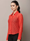 Begumpan Lace Full-Sleeve Sheer Shirt - Red