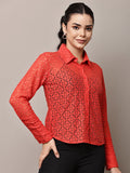 Begumpan Lace Full-Sleeve Sheer Shirt - Red