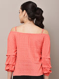 Begumpan Coral Pink Self-Design Off-Shoulder Top - Coral