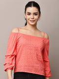 Begumpan Coral Pink Self-Design Off-Shoulder Top - Coral