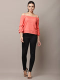 Begumpan Coral Pink Self-Design Off-Shoulder Top - Coral