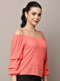 Begumpan Coral Pink Self-Design Off-Shoulder Top - Coral