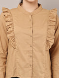 Begumpan Solid Cotton Ruffle Detail Shirt - Camel