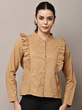 Begumpan Solid Cotton Ruffle Detail Shirt - Camel