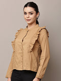 Begumpan Solid Cotton Ruffle Detail Shirt - Camel
