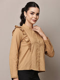 Begumpan Solid Cotton Ruffle Detail Shirt - Camel