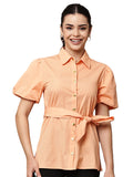 Begumpan Peach Cotton Puff Sleeve Shirt Top with Waist Tie-Up - Coral