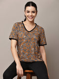 Begumpan Brown & Black Floral Printed V-Neck Top - Brown & Black