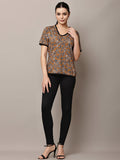 Begumpan Brown & Black Floral Printed V-Neck Top - Brown & Black