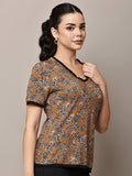 Begumpan Brown & Black Floral Printed V-Neck Top - Brown & Black