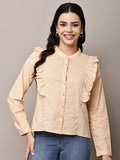Begumpan Solid Cotton Ruffle Detail Shirt - Cream