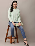 Begumpan Solid Cotton Ruffle Detail Shirt - Light Green