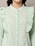 Begumpan Solid Cotton Ruffle Detail Shirt - Light Green