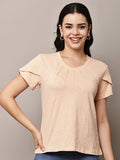 Begumpan Textured Cotton Round Neck Short Sleeves Top - Peach