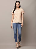 Begumpan Textured Cotton Round Neck Short Sleeves Top - Peach