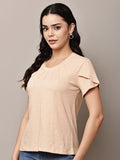 Begumpan Textured Cotton Round Neck Short Sleeves Top - Peach