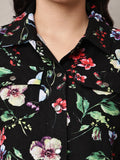 Begumpan Floral Printed Cropped Denim Jacket - Black