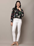 Begumpan Floral Printed Cropped Denim Jacket - Black