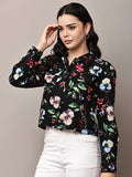 Begumpan Floral Printed Cropped Denim Jacket - Black