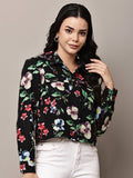 Begumpan Floral Printed Cropped Denim Jacket - Black