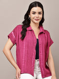Begumpan Textured Cotton Round Neck Short Sleeves Shirt - Fuchsia Pink