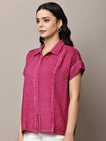 Begumpan Textured Cotton Round Neck Short Sleeves Shirt - Fuchsia Pink